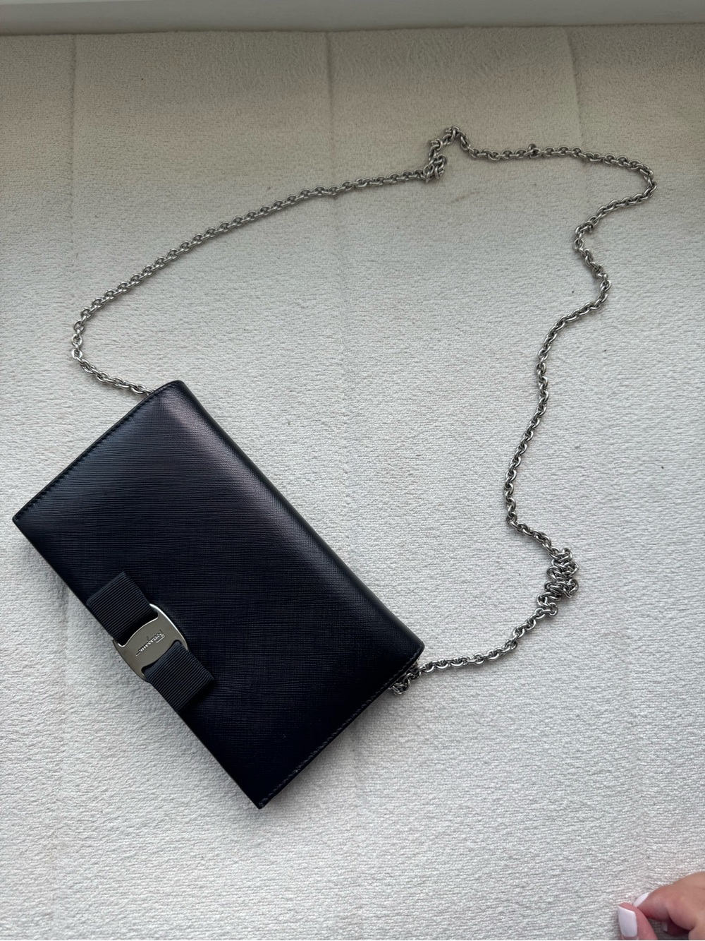 Salvatore Ferragamo Black Leather Crossbody with Silver Chain and Signature Bow